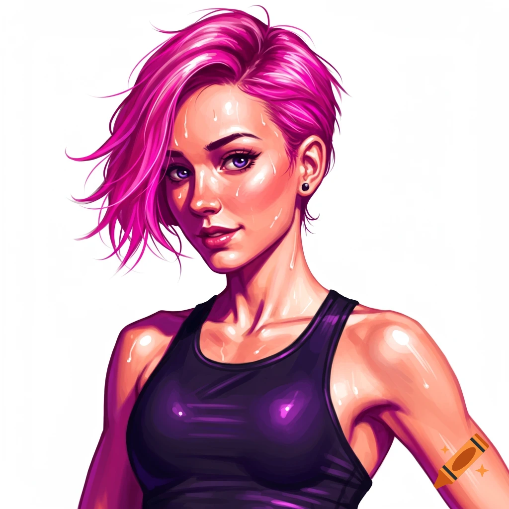 A sweaty athletic woman with short pink hair is wearing a black tank top.