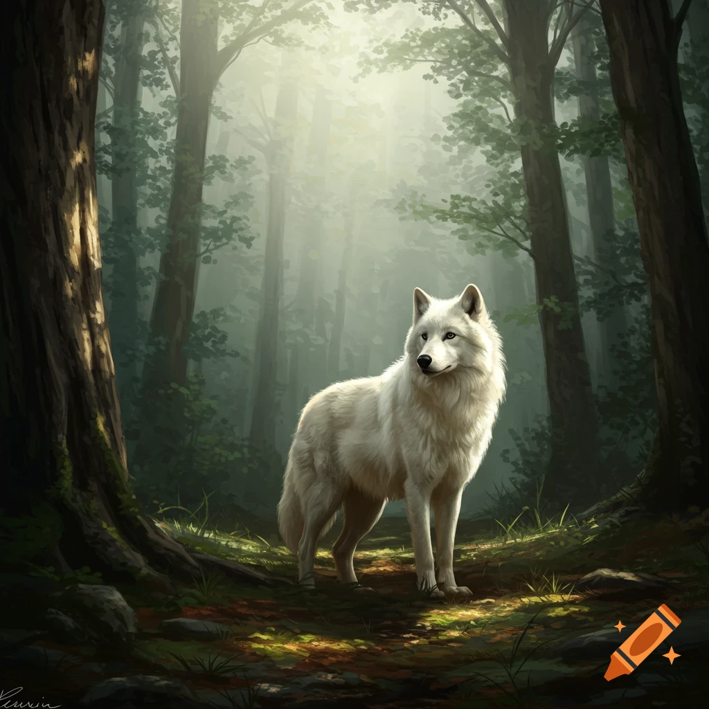 A white wolf stands in a sunlit forest clearing.