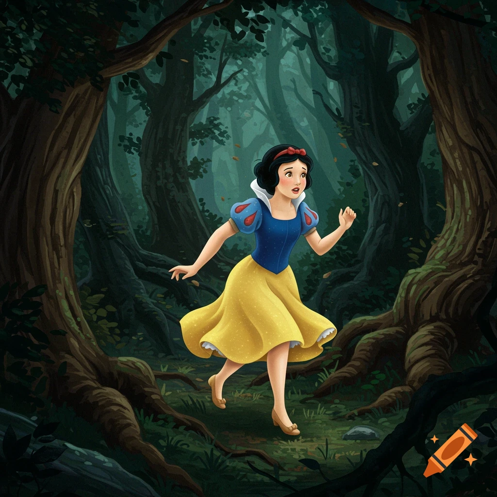 Snow White in her yellow dress running through a dark forest.