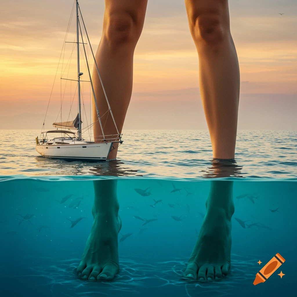 Giant human legs stand in the ocean beside a sailboat with fish underwater during sunset.