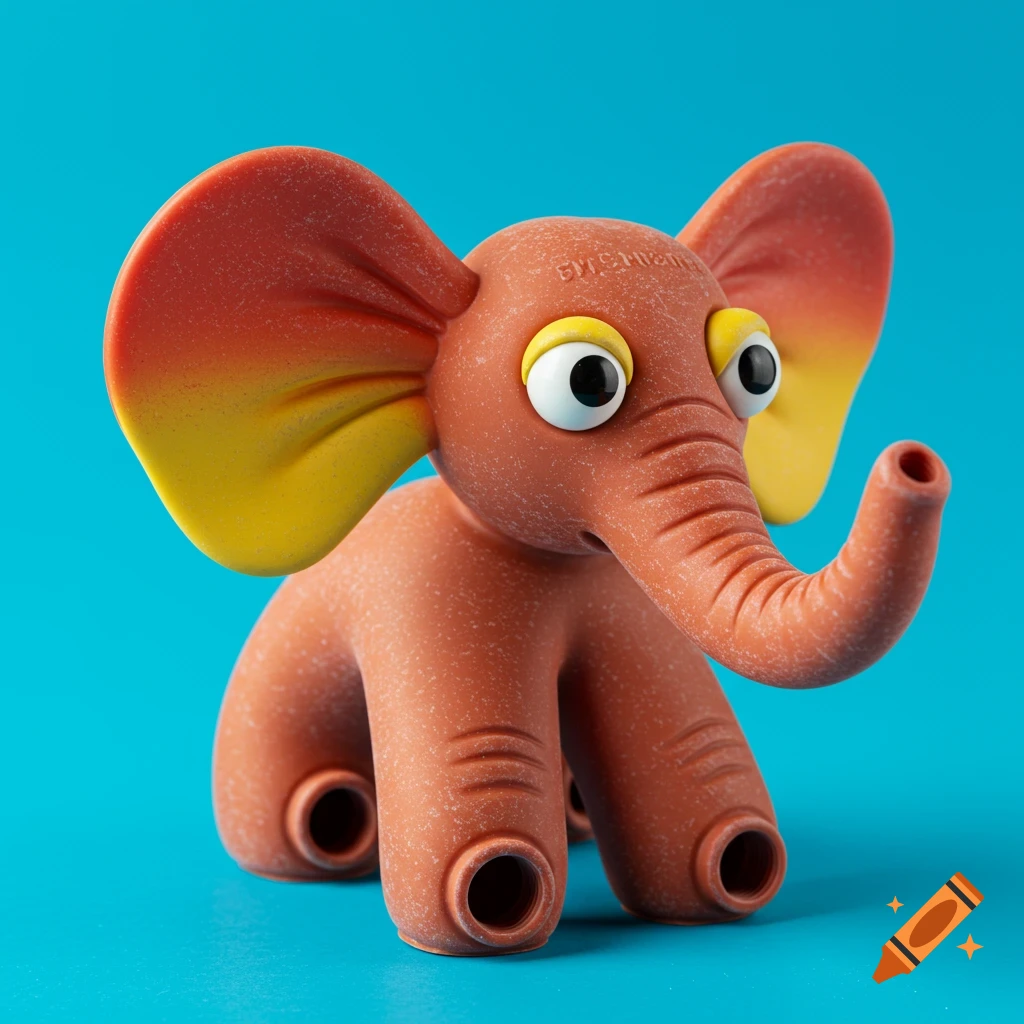 A red rubbery toy elephant with large eyes and yellow-tipped ears stands on a blue background. Its legs resemble fingers.