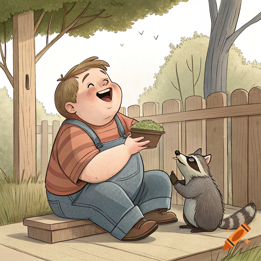 An illustration of a boy laughing while holding a plant next to a raccoon in a backyard.