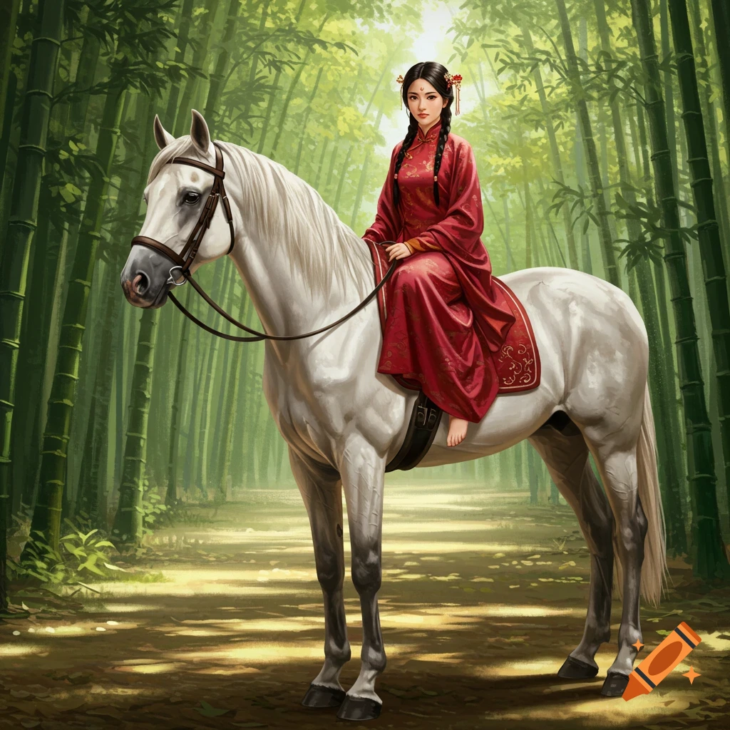 A young Chinese woman is riding a white horse through a bamboo forest.