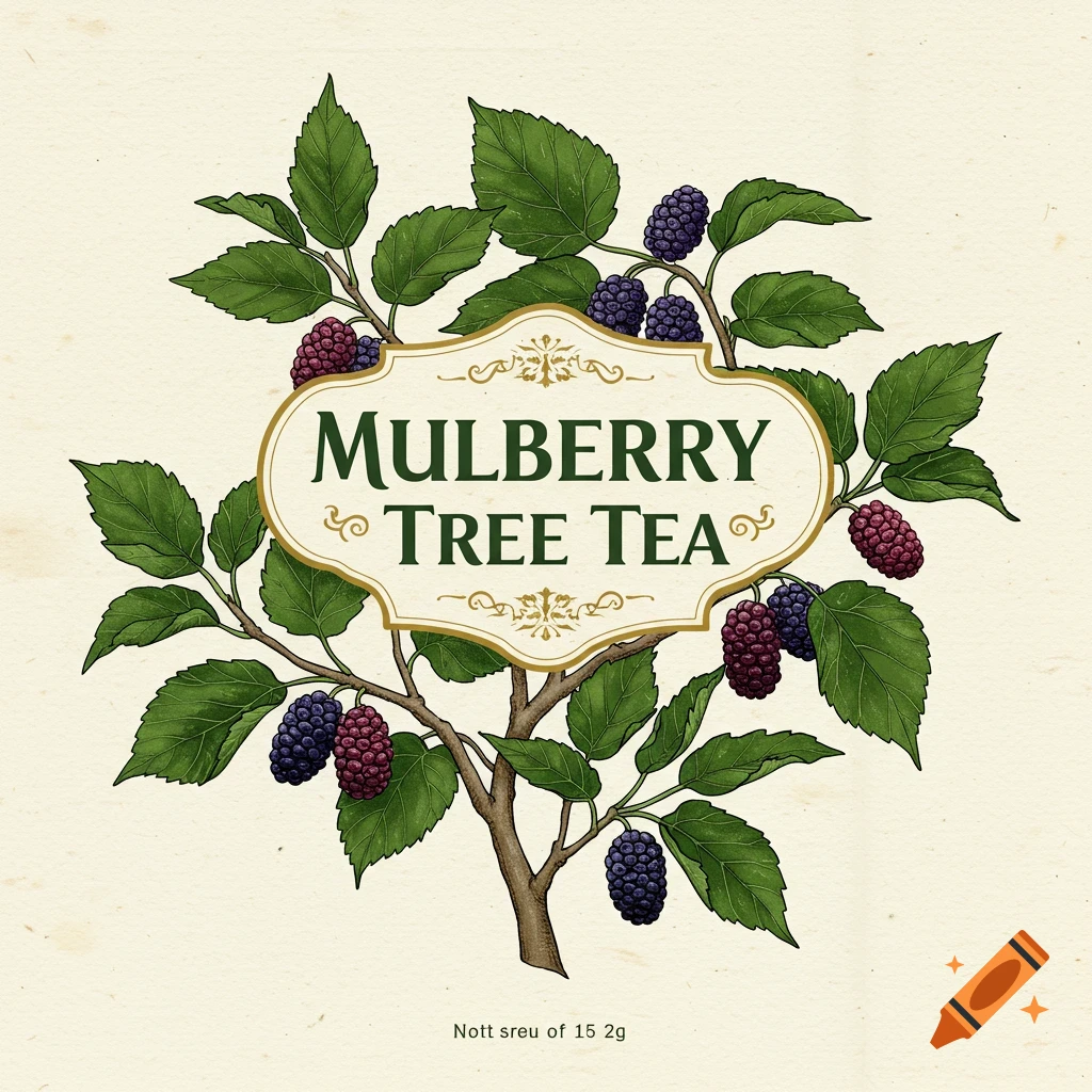 Botanical illustration of a mulberry branch with berries and leaves, featuring a label with 'Mulberry Tree Tea' on textured paper.