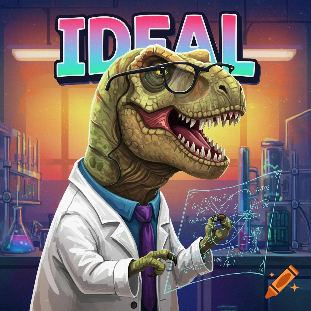 Cartoon dinosaur physicist in a lab coat looking at equations, with the word IDEAL above.