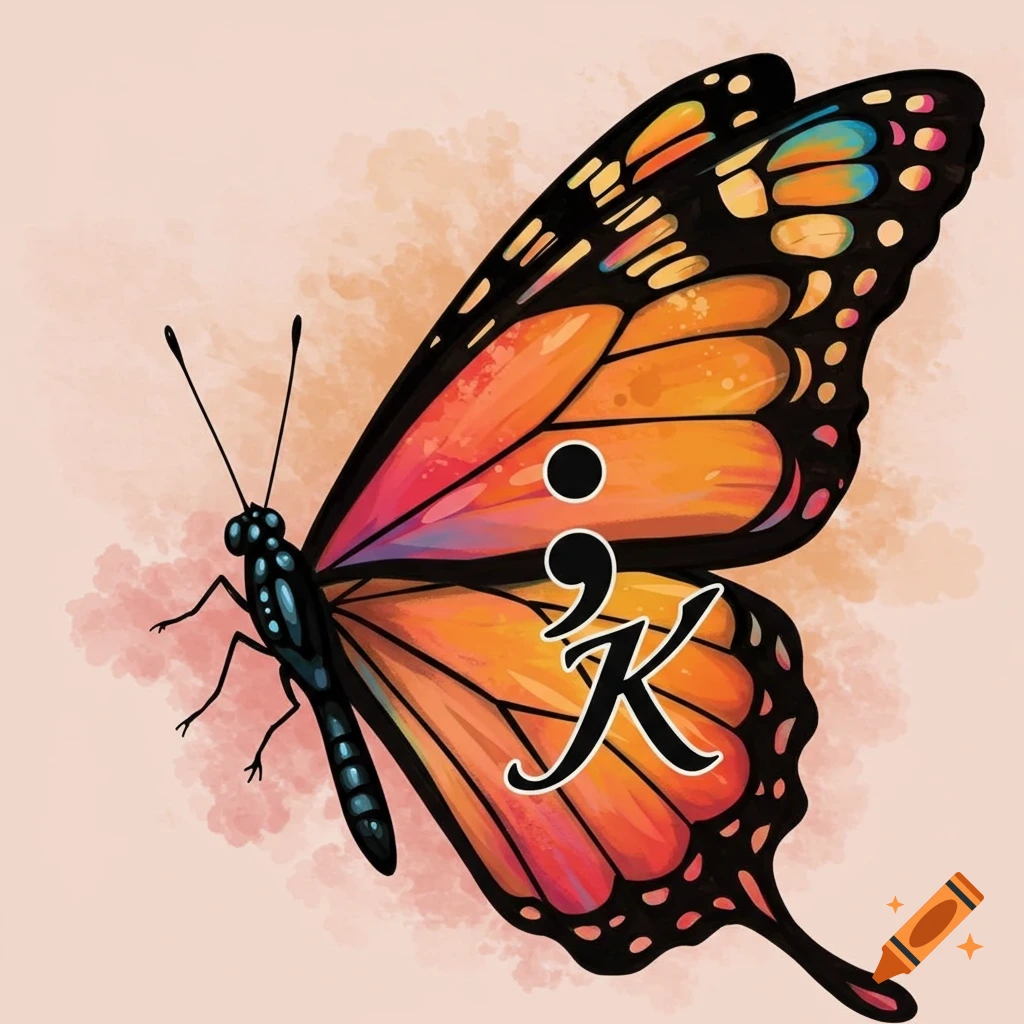 A butterfly with a semicolon and K on its wing.