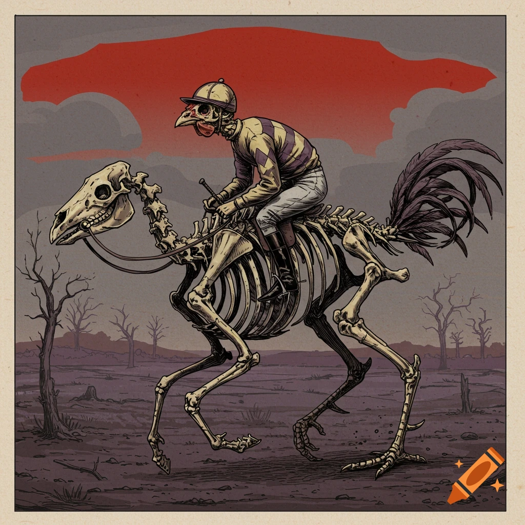 An illustration of a skeleton jockey riding a skeletal creature through a barren landscape.