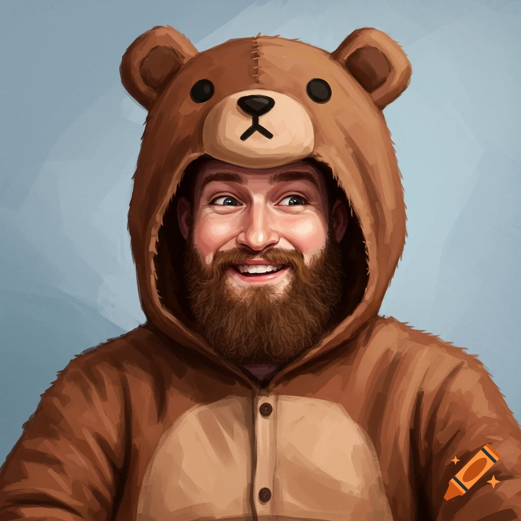A bearded man smiling in a bear onesie.