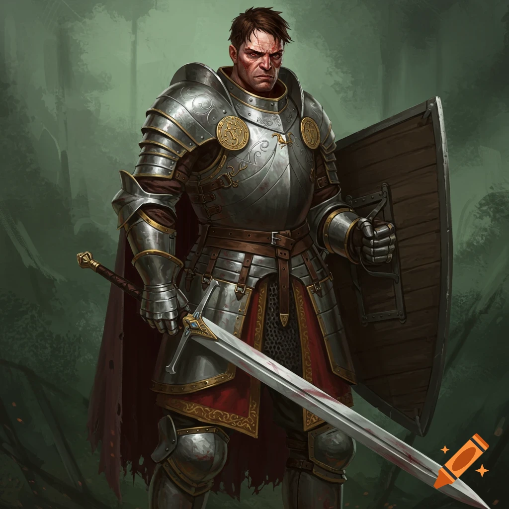 A battle-scarred knight in full armor with a sword and shield in a forest.
