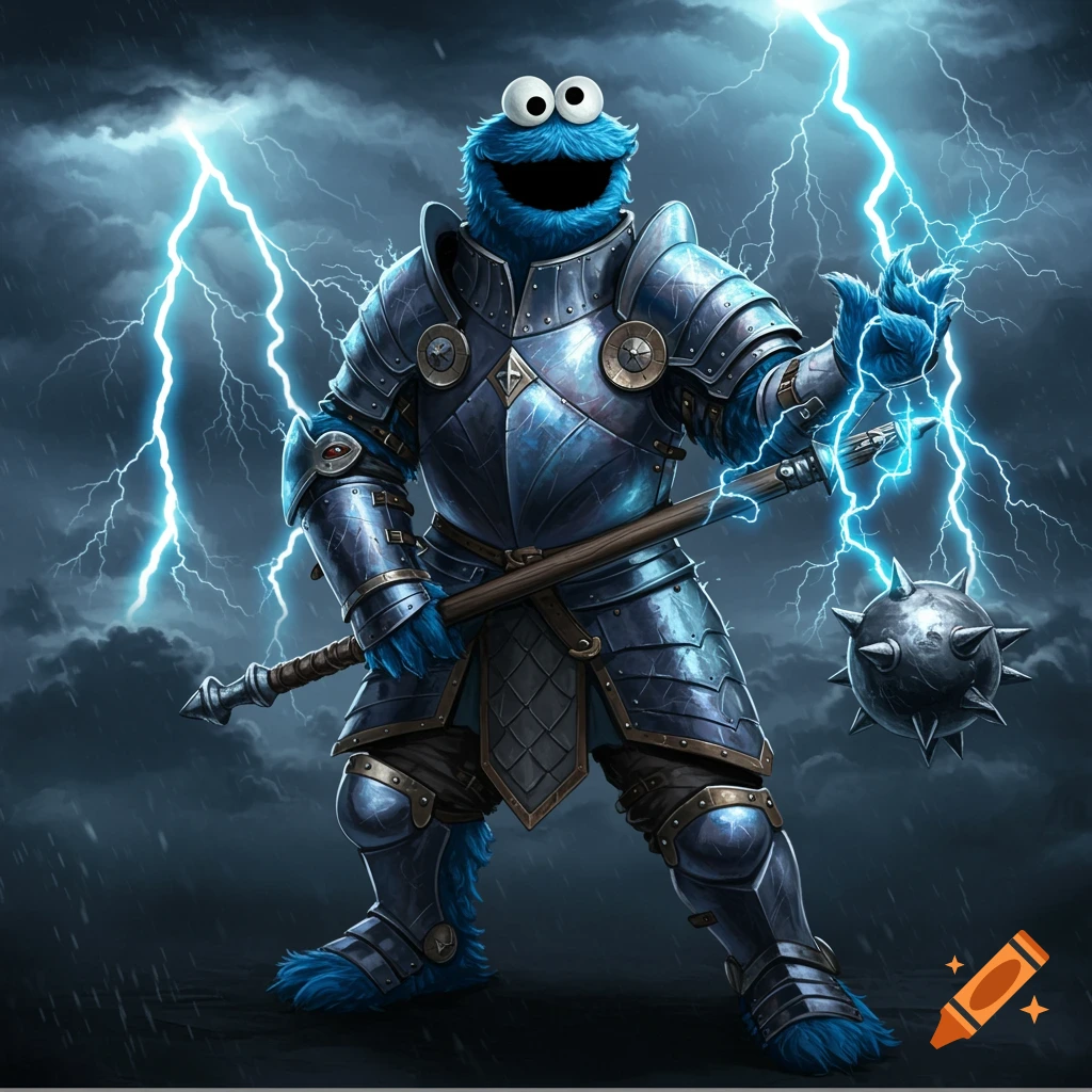 Cookie Monster in ornate blue and silver armor, holding a lightning-charged mace under a stormy sky with lightning strikes.