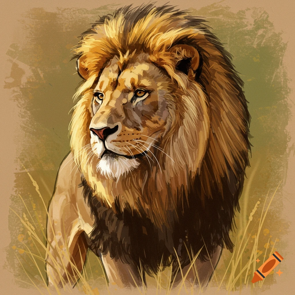 A majestic lion stands tall amidst a field of swaying grass.