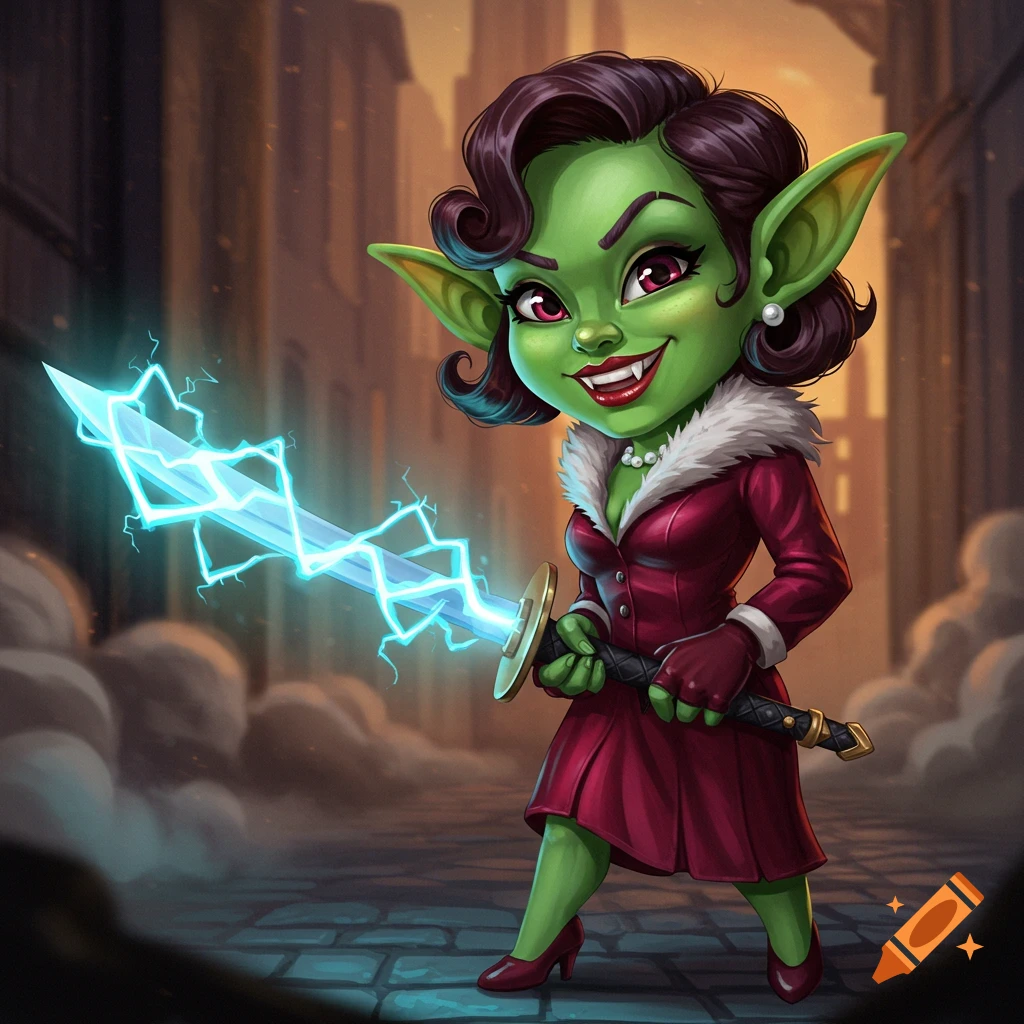 A digital illustration of a small female goblin in a red dress holding a blue lightning sword.
