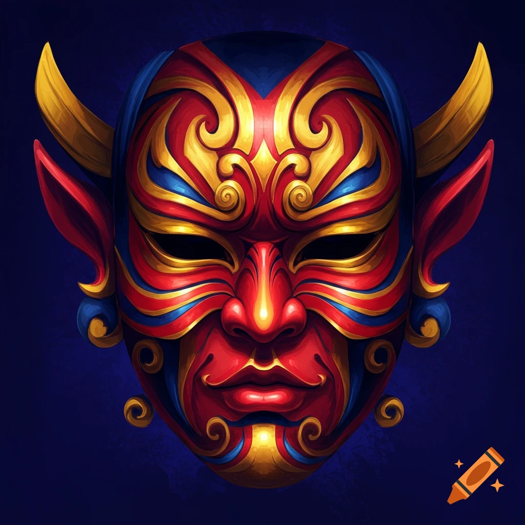 An ornate red, gold, and blue mask with horns against a dark background.