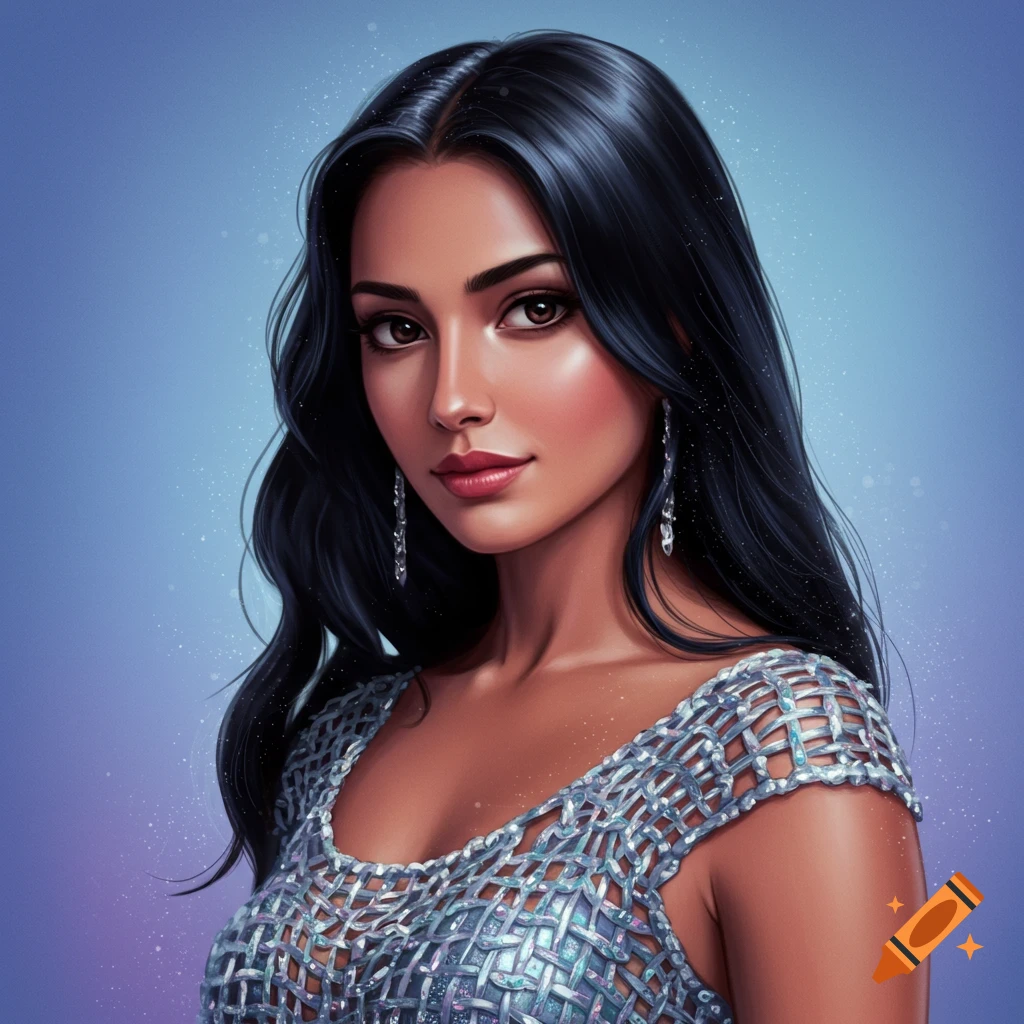A woman with long black hair wears a shimmery woven top