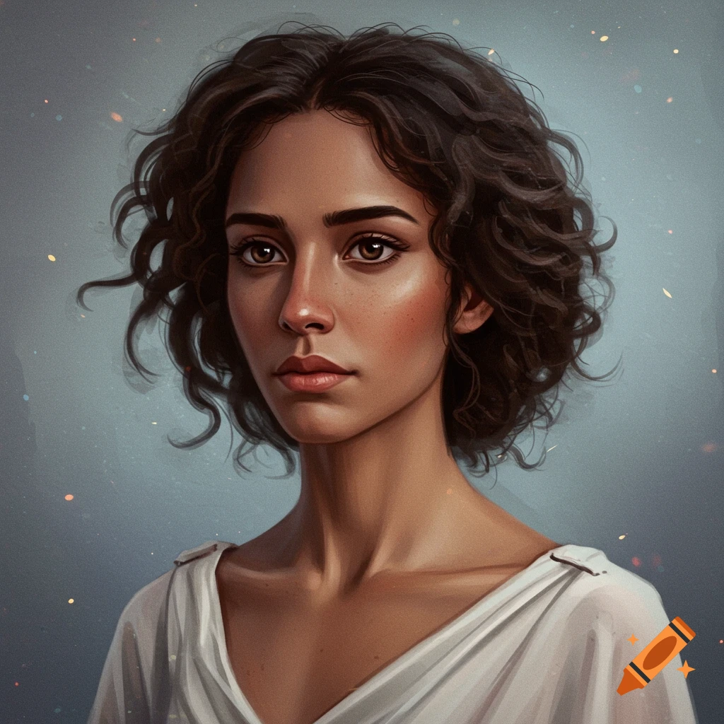 Portrait of a woman with curly hair and white dress