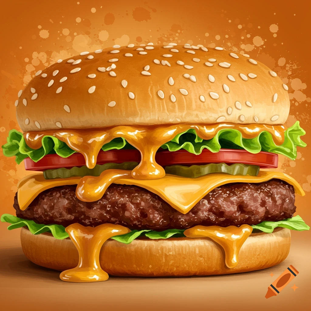 A vibrant hamburger dripping with cheese and special sauce.