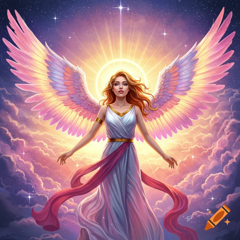 An angel with large pink wings stands in clouds with stars and a glowing sun behind her
