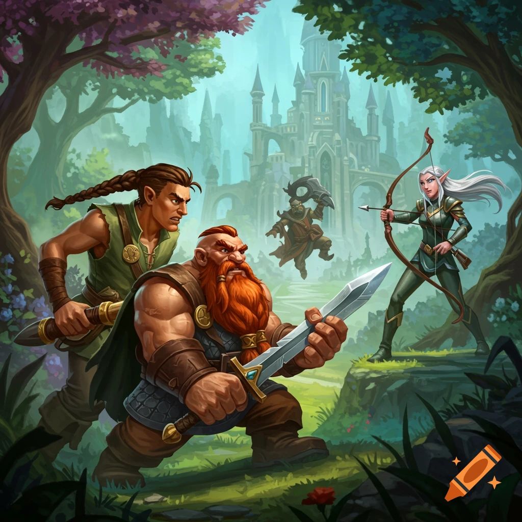 Fantasy characters battle in a forest clearing before a distant castle.