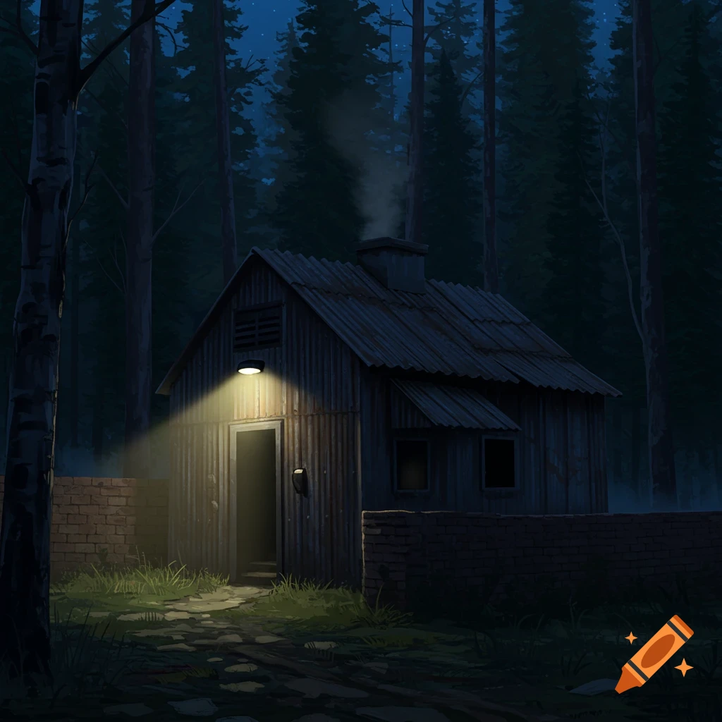 A shack in a dark forest at night with light coming from the door and chimney.