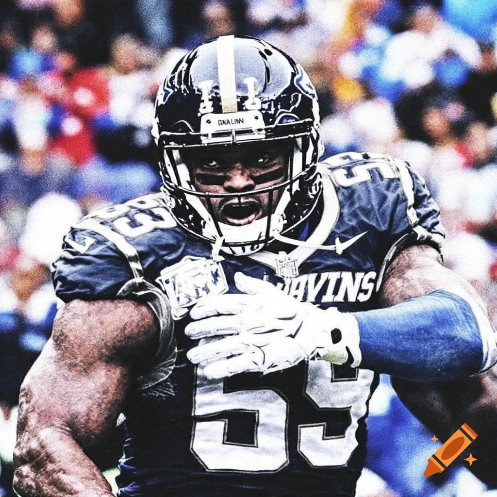 Close-up of an intense football player in a dark uniform with number 59 during a game