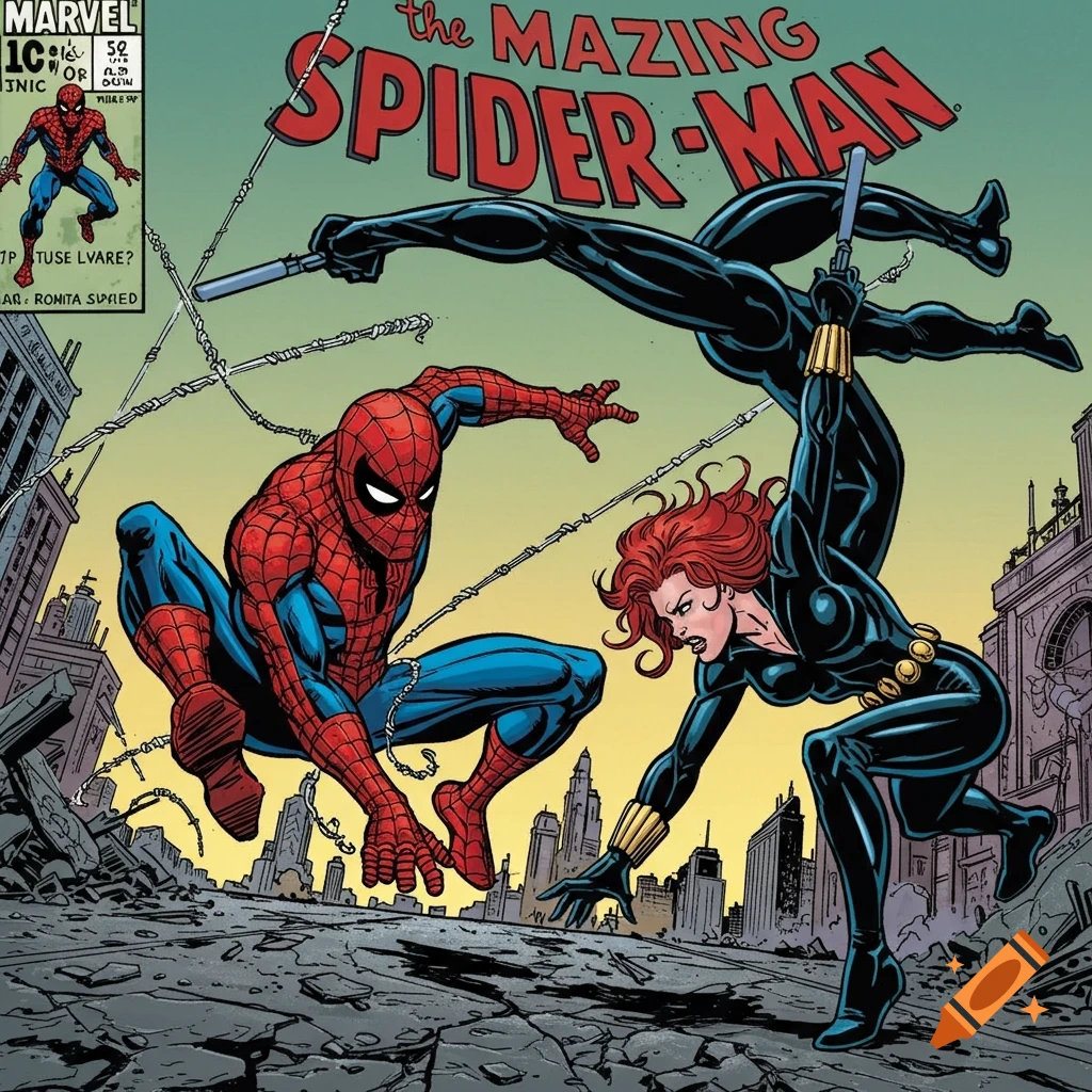 Spider-Man and Black Widow fighting in a city in a comic book style