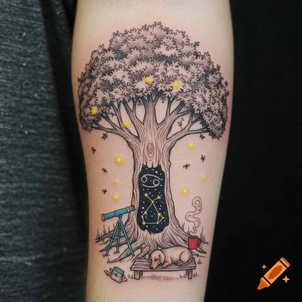 Fine line tattoo design of a tree with the Cancer constellation in its trunk, a telescope, a sleeping dog, and fireflies.
