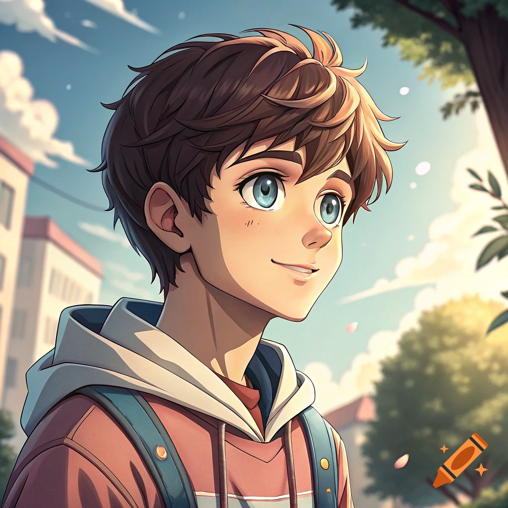 Anime portrait of a smiling boy with blue eyes wearing a hoodie and backpack, outdoors.