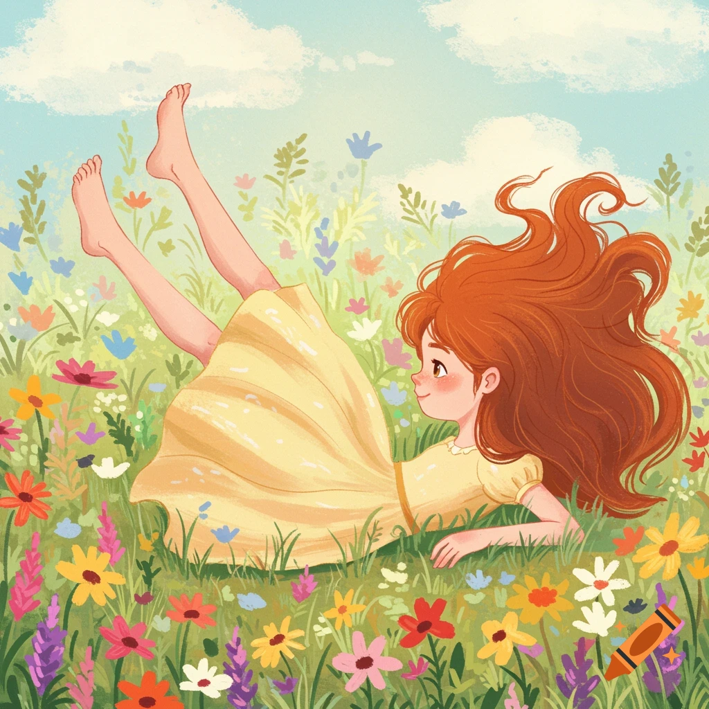 Whimsical illustration of a girl lying in a field of wildflowers with her feet in the air.