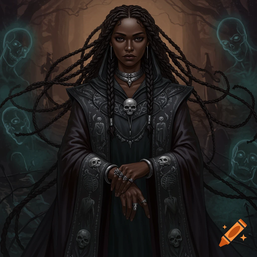 A dark-skinned woman with long braided hair wears a skull-adorned robe and is surrounded by glowing spectral skulls in a forest.