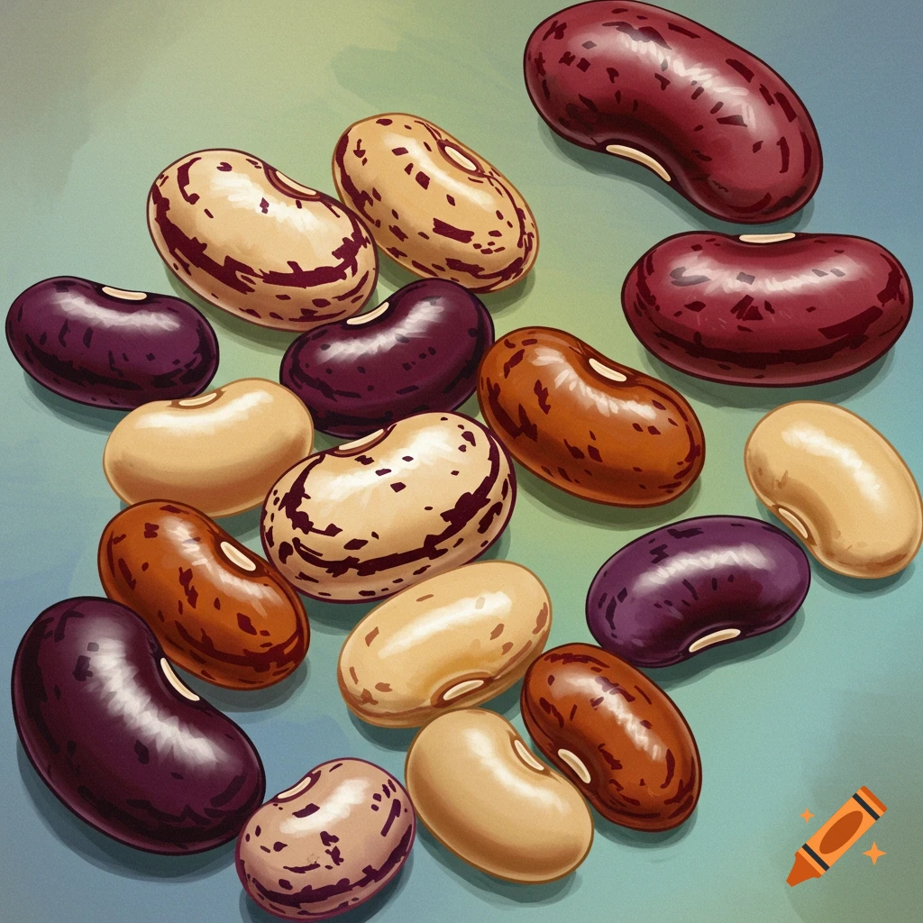 Different types of colorful beans are scattered on a surface.