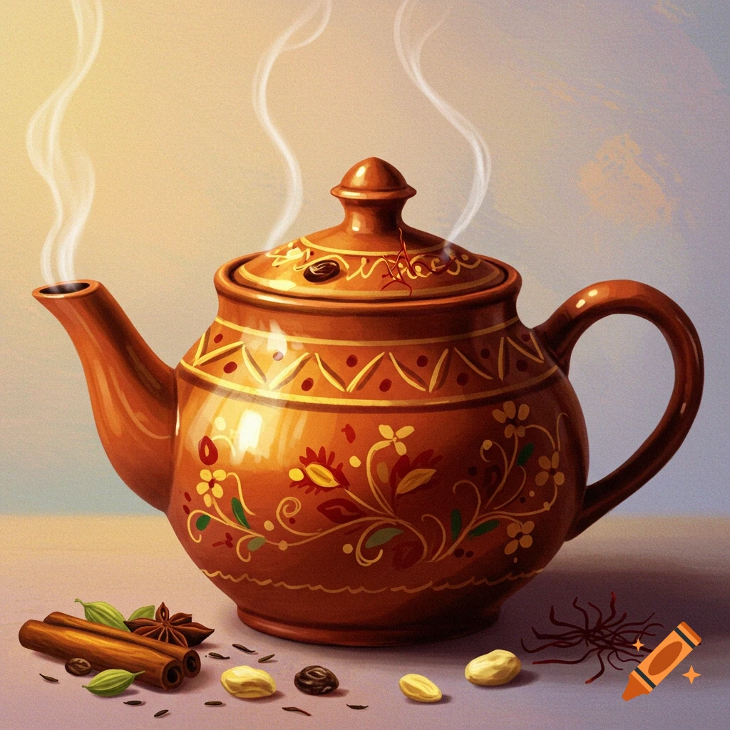 A decorated teapot with steam and spices around it.