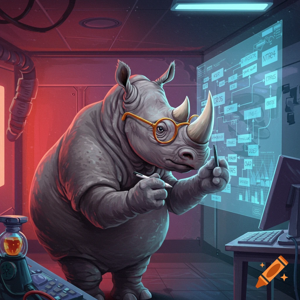 A cartoon rhinoceros with glasses points at a large screen with diagrams in a science lab.