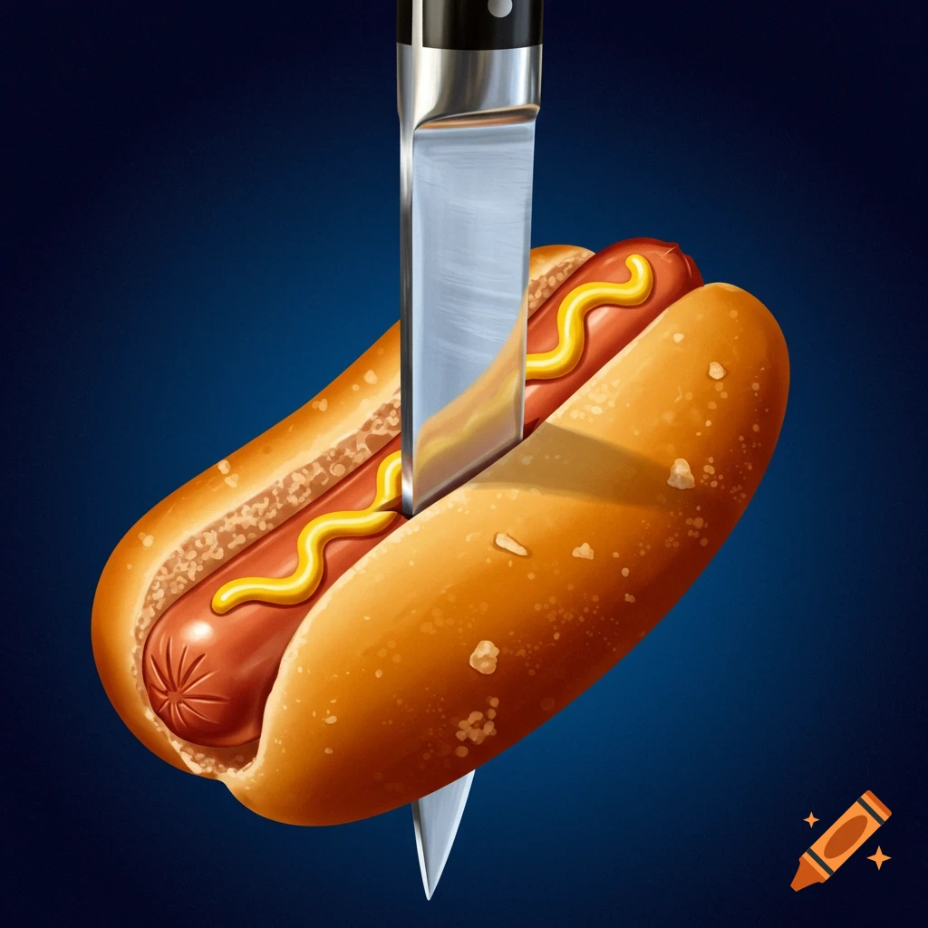 A hotdog is being sliced by a knife