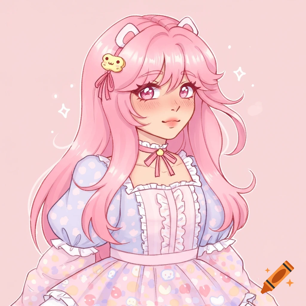Anime portrait of a girl with pink hair, wearing a frilly pastel dress and bear ears headband.