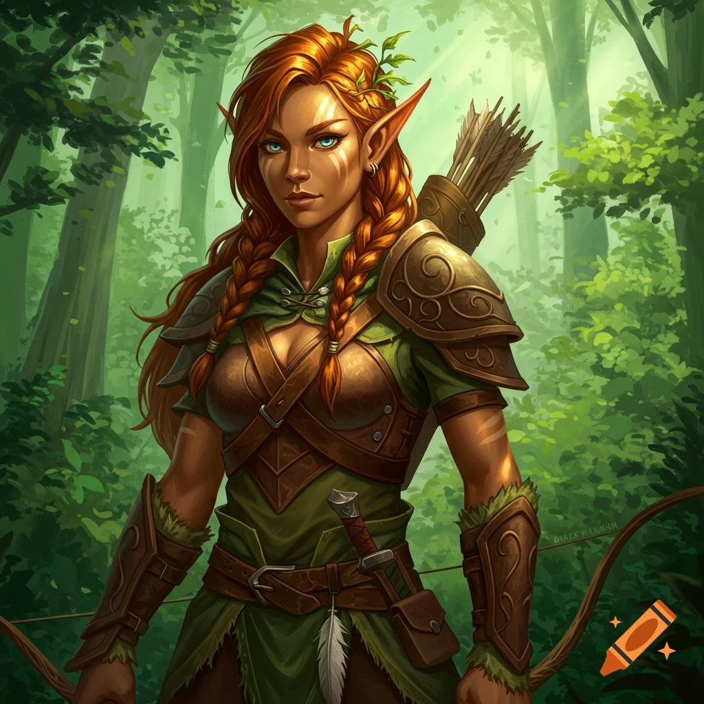 A tan-skinned female wood elf ranger stands in a forest.