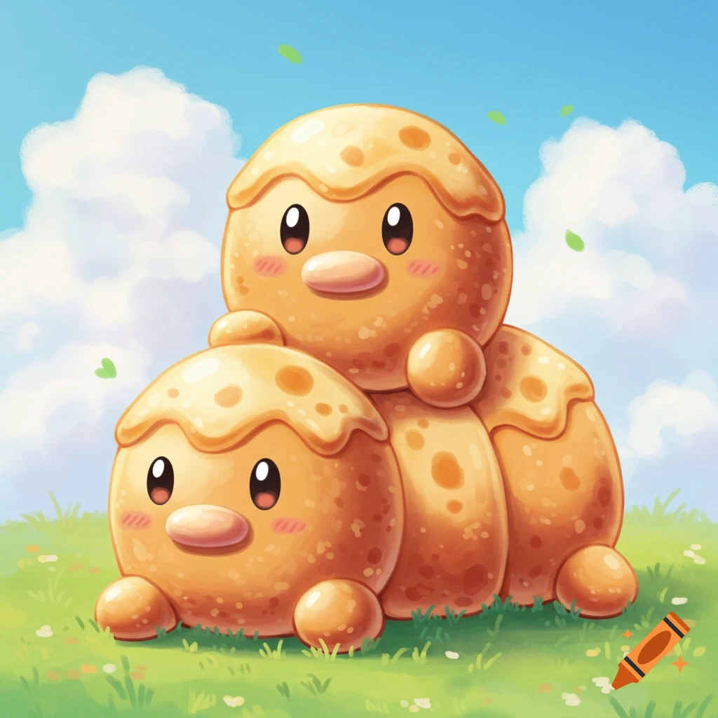 Two cute, round, orange creatures resembling Dugtrio, made of eggrolls, are in a grassy field.