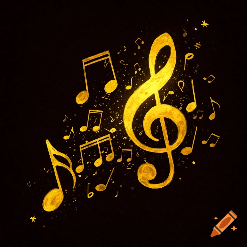 Golden musical notes and a treble clef float on a dark background.
