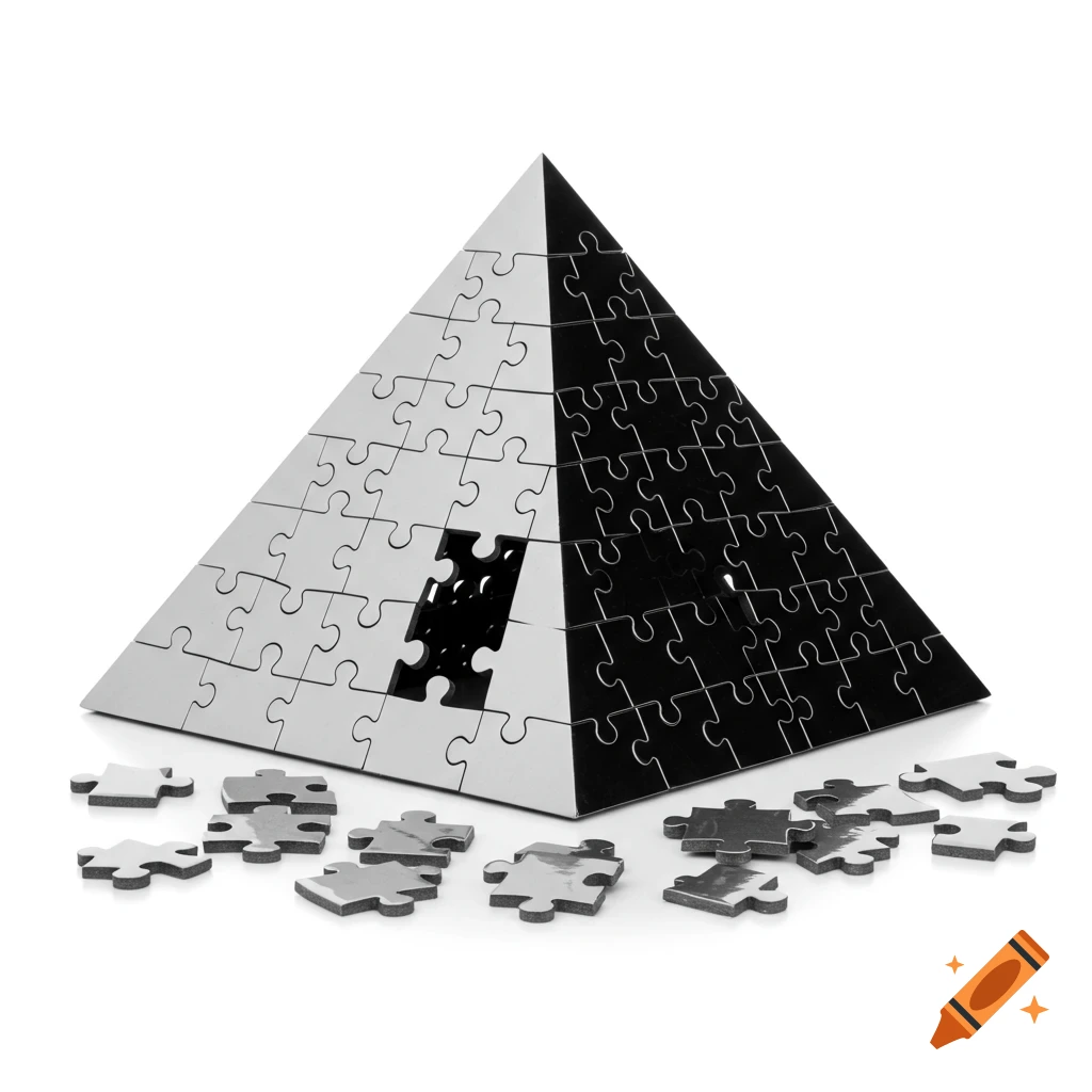 A partially assembled black and white chrome pyramid puzzle with loose pieces