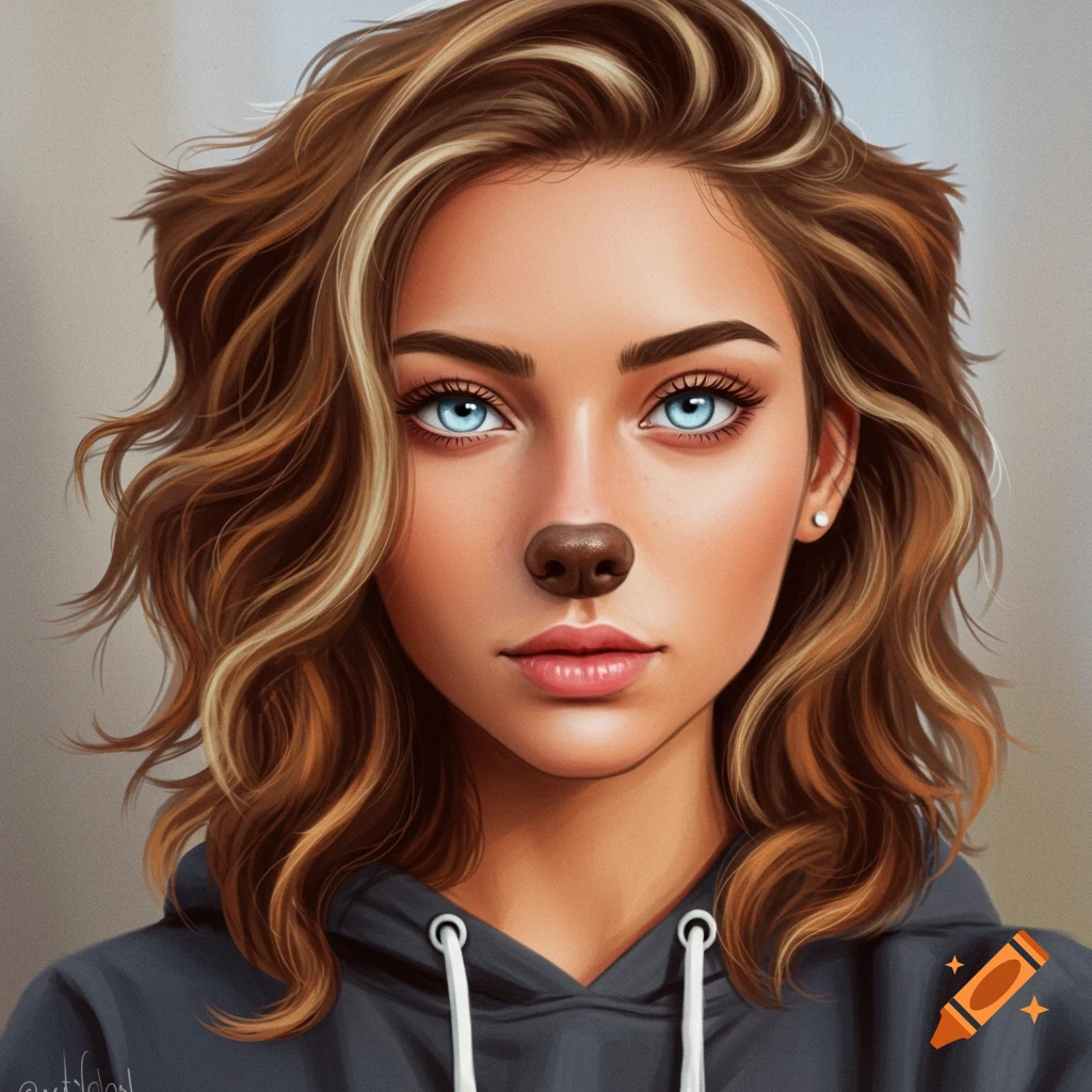 A woman with bright blue eyes, wavy brown hair, and a dog-like nose, wearing a grey hoodie.