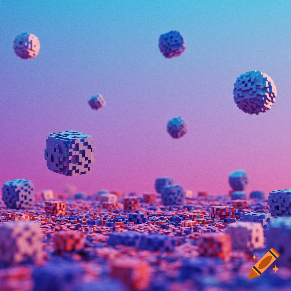 Pixelated abstract landscape with floating voxel spheres under a gradient sky.