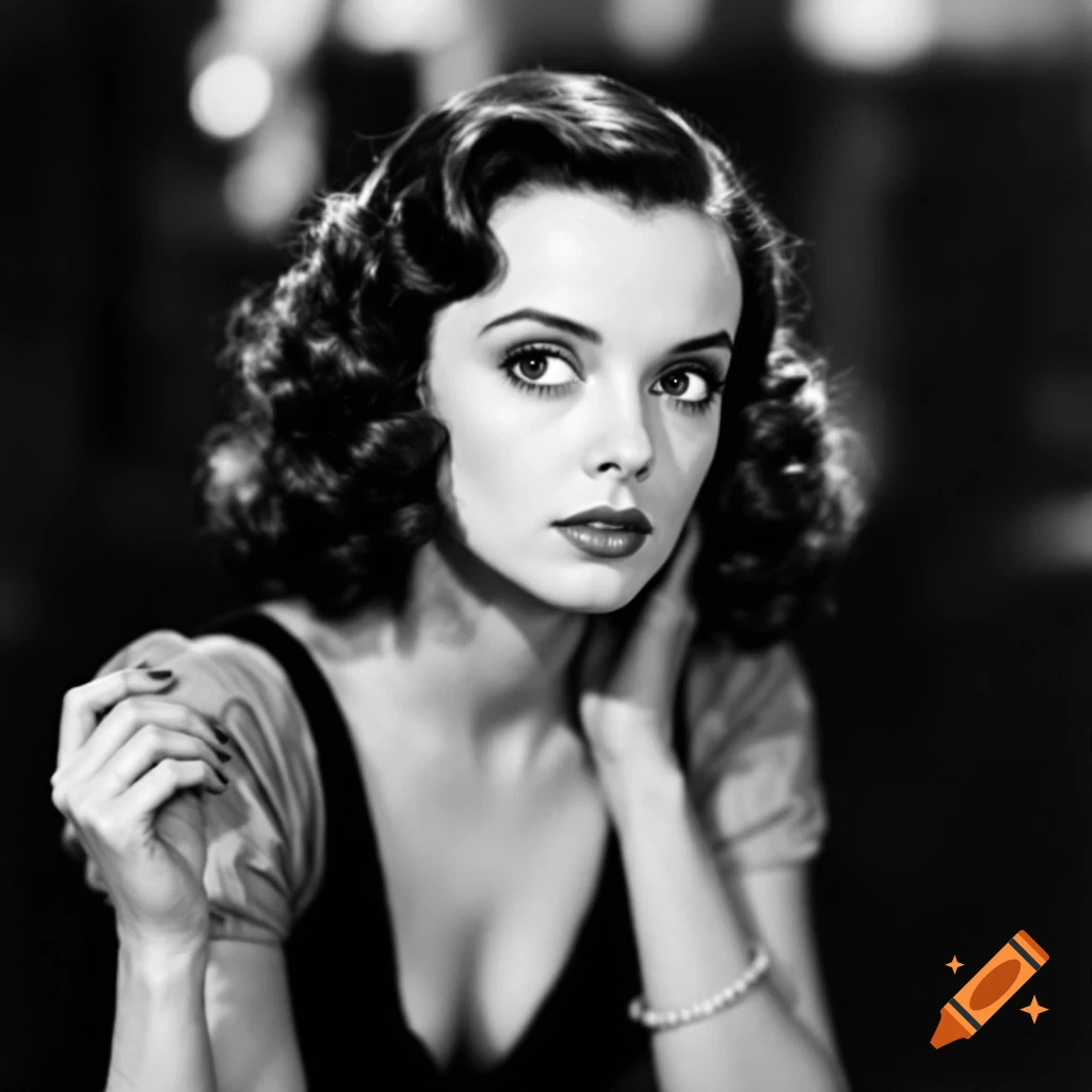 Black and white portrait of a woman in 1940s style dress and hair