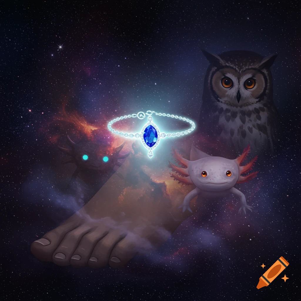 A glowing anklet, foot, owl, and two axolotls are shown in a starry space background.
