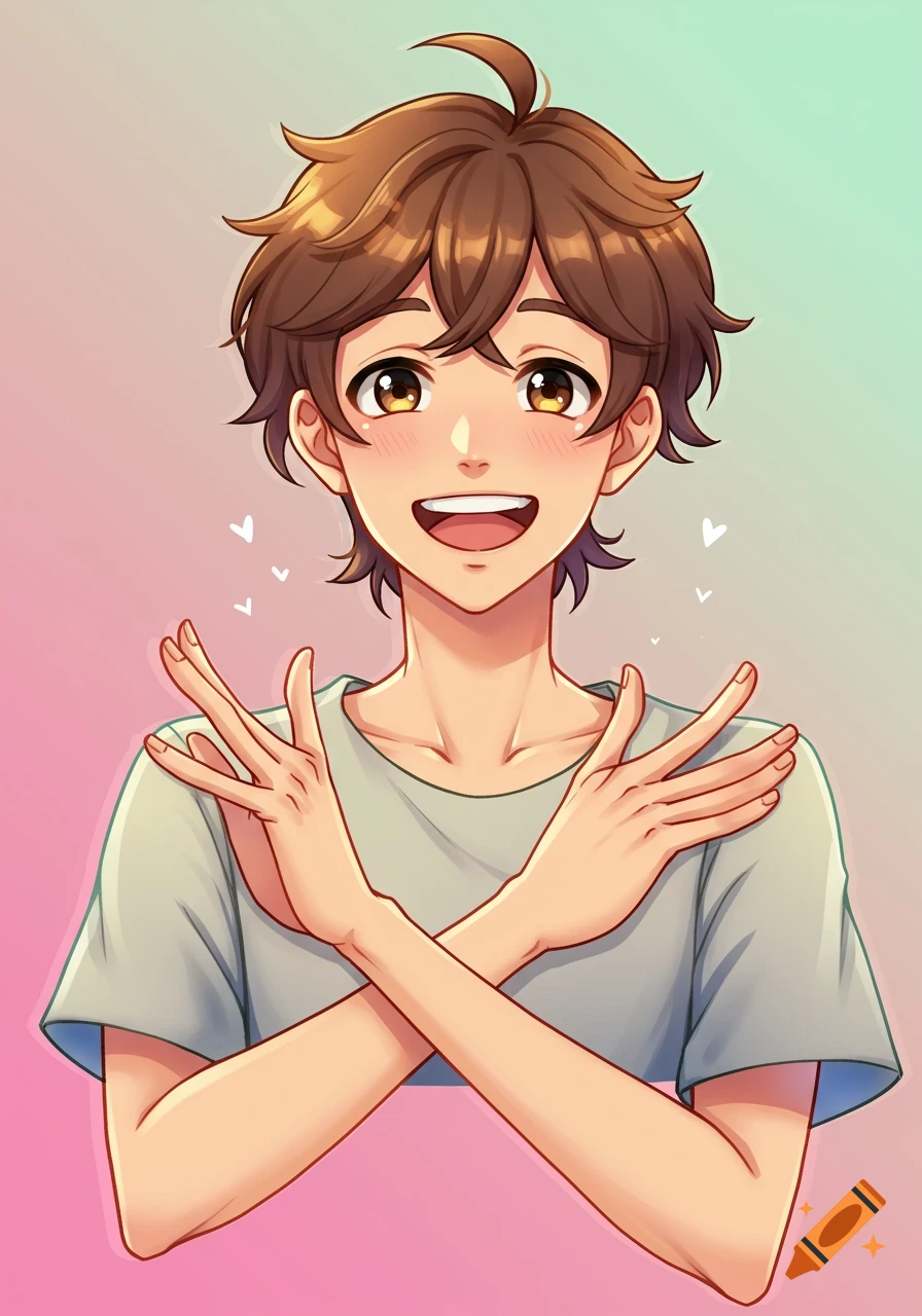Anime portrait of a smiling young man with brown hair and crossed arms.