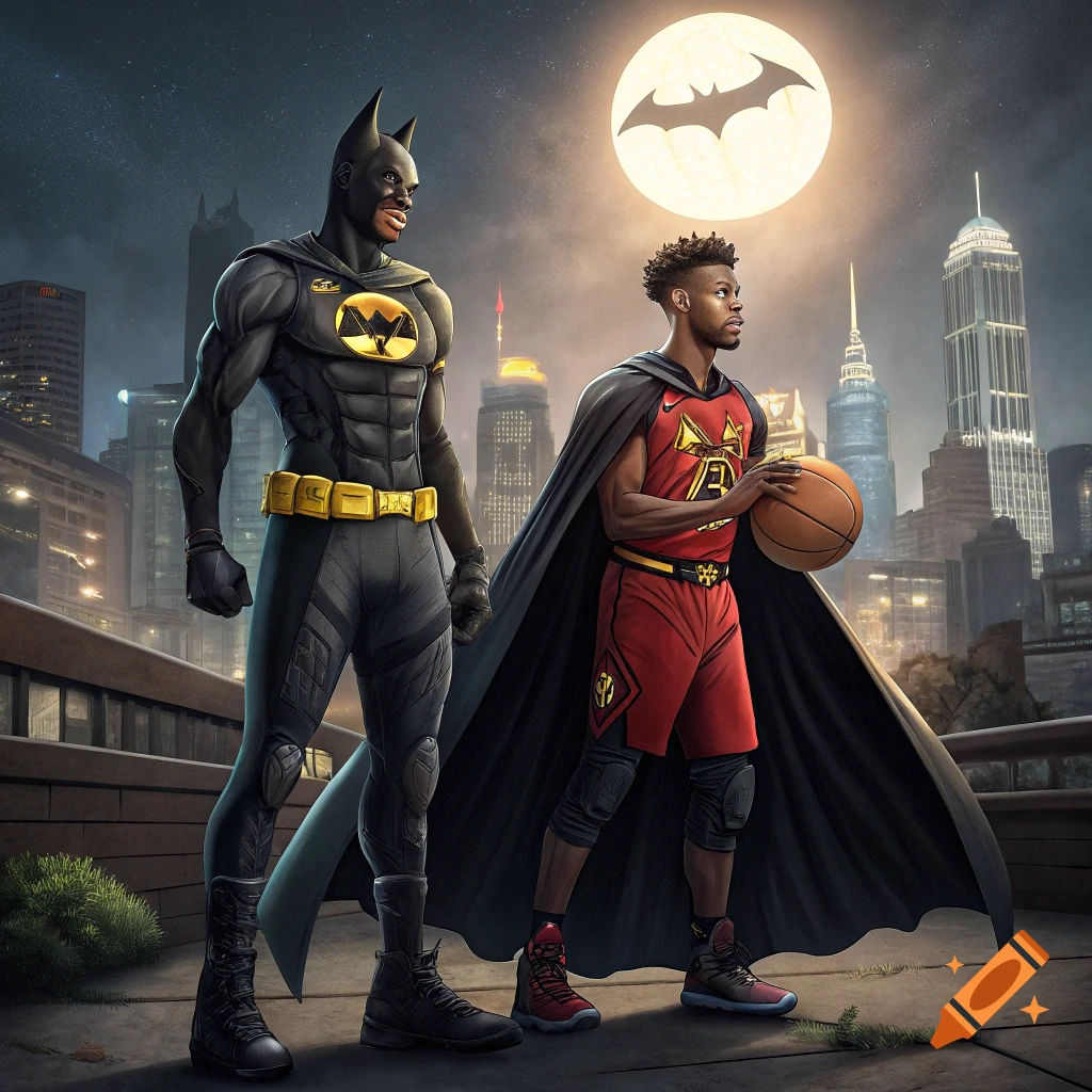 Batman and Robin on a rooftop at night with city skyline and bat signal. Robin holds a basketball.