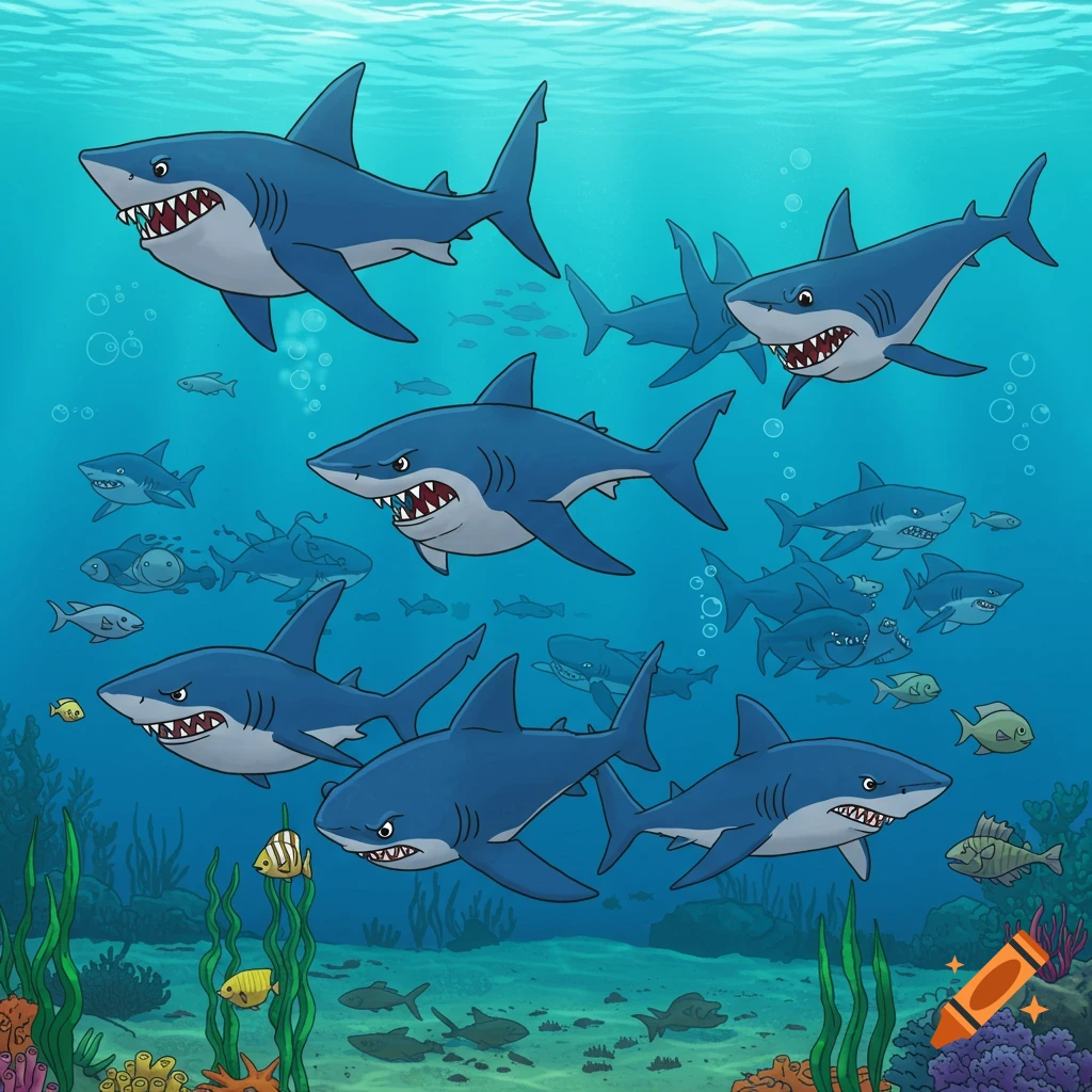 Cartoon illustration of multiple blue sharks and fish swimming underwater among seaweed.