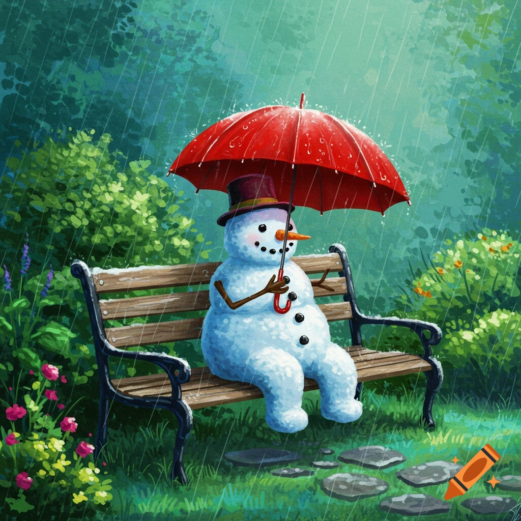 A snowman sitting on a bench holding a red umbrella in the rain.
