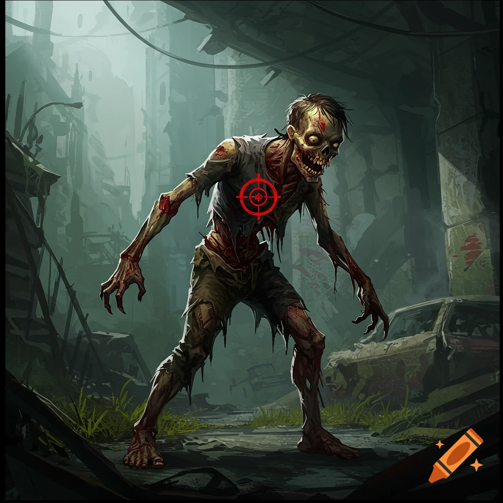 A zombie with a target reticle on its chest stands in a ruined city street.
