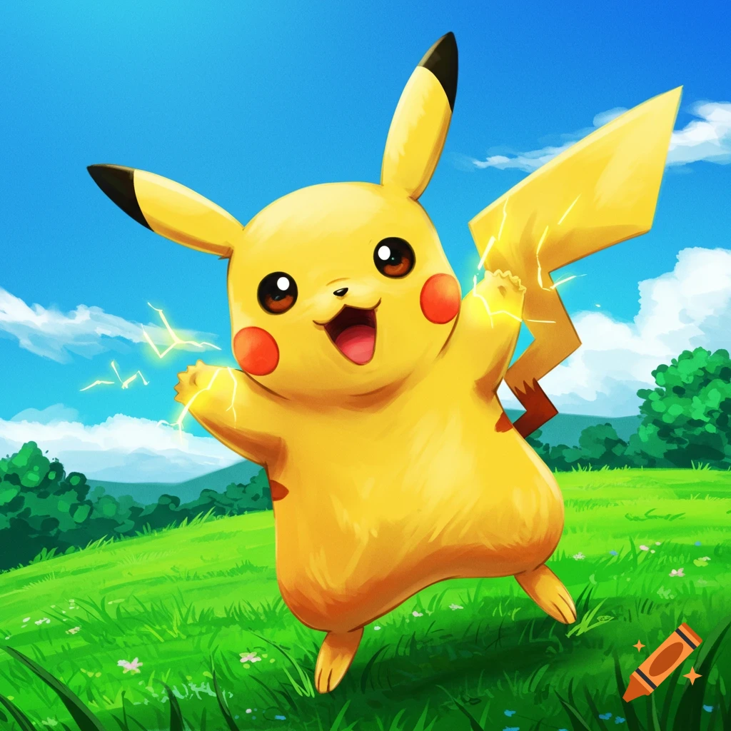 Pikachu smiling and generating electricity in a grassy field.