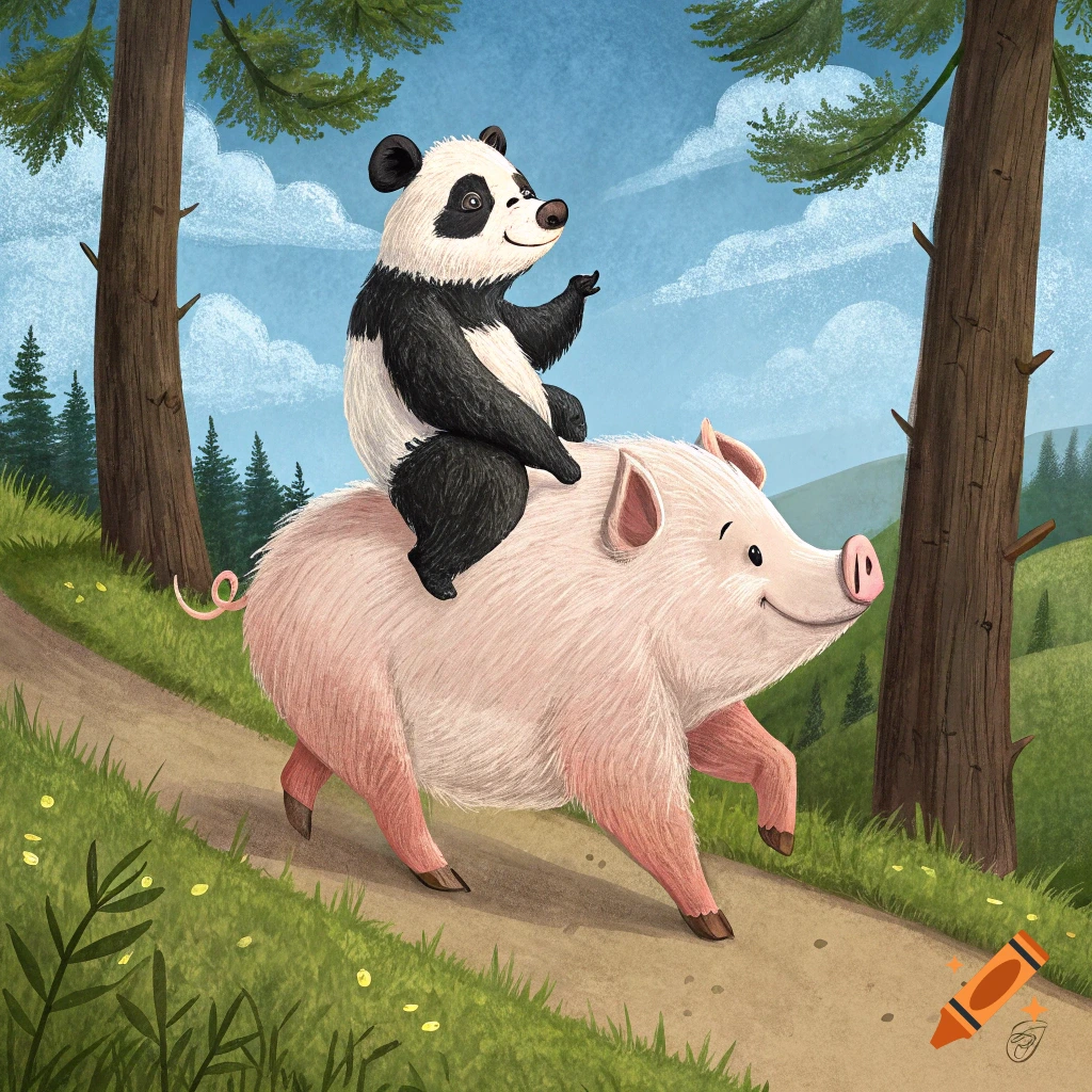 Illustration of a panda riding a pink pig on a forest path