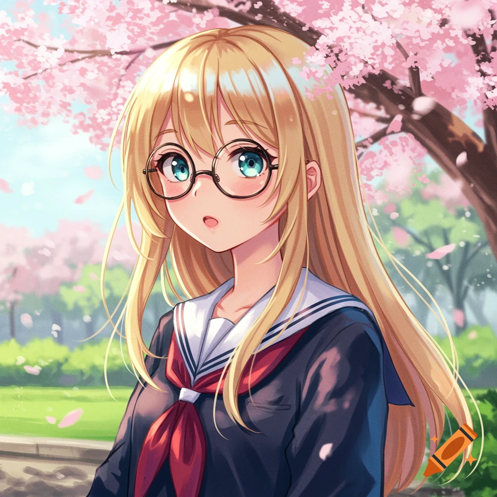 Anime portrait of a blonde girl in glasses and a school uniform standing in a park with cherry blossoms.
